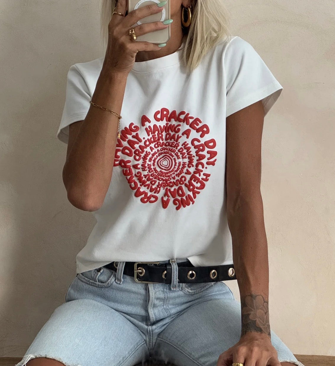 Spiral Baby Tee Shirt - White/Red Cracker Day