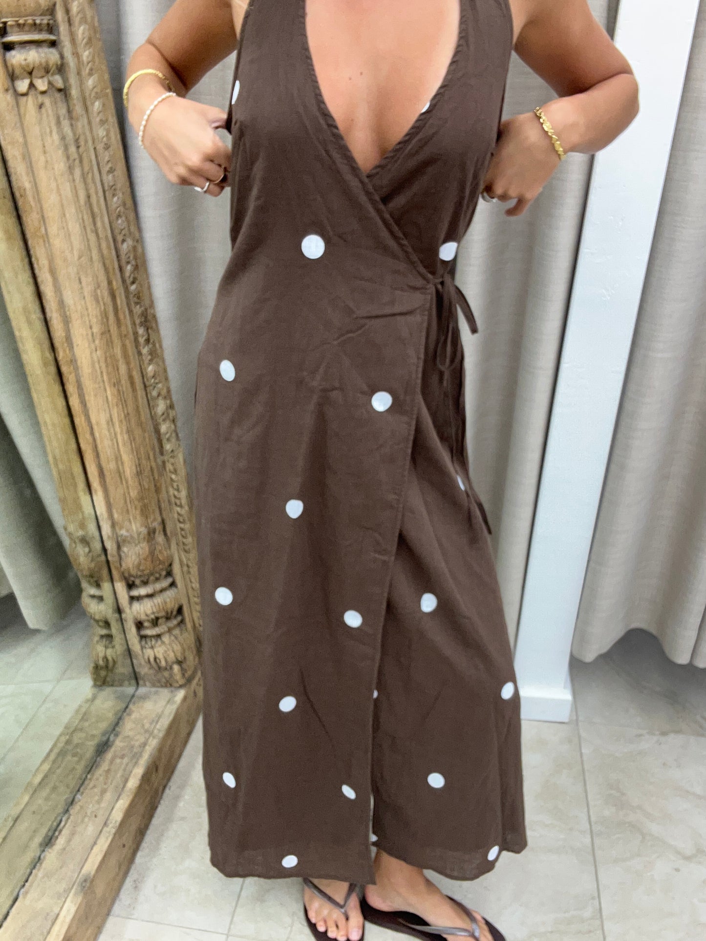 Chocolate Polka Dot Wrap Maxi Dress - By Frankie Cotton