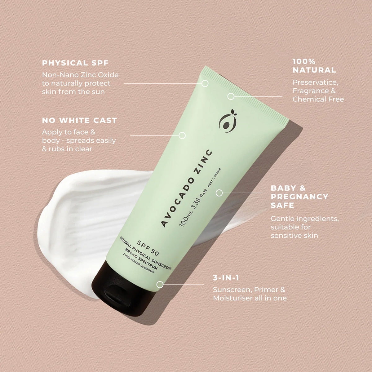 SPF 50 Natural Physical Sunscreen - Avocado Zinc
