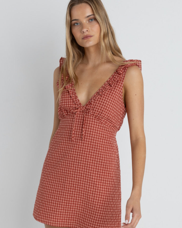 LOLA CHECK RUFFLE MINI DRESS RED