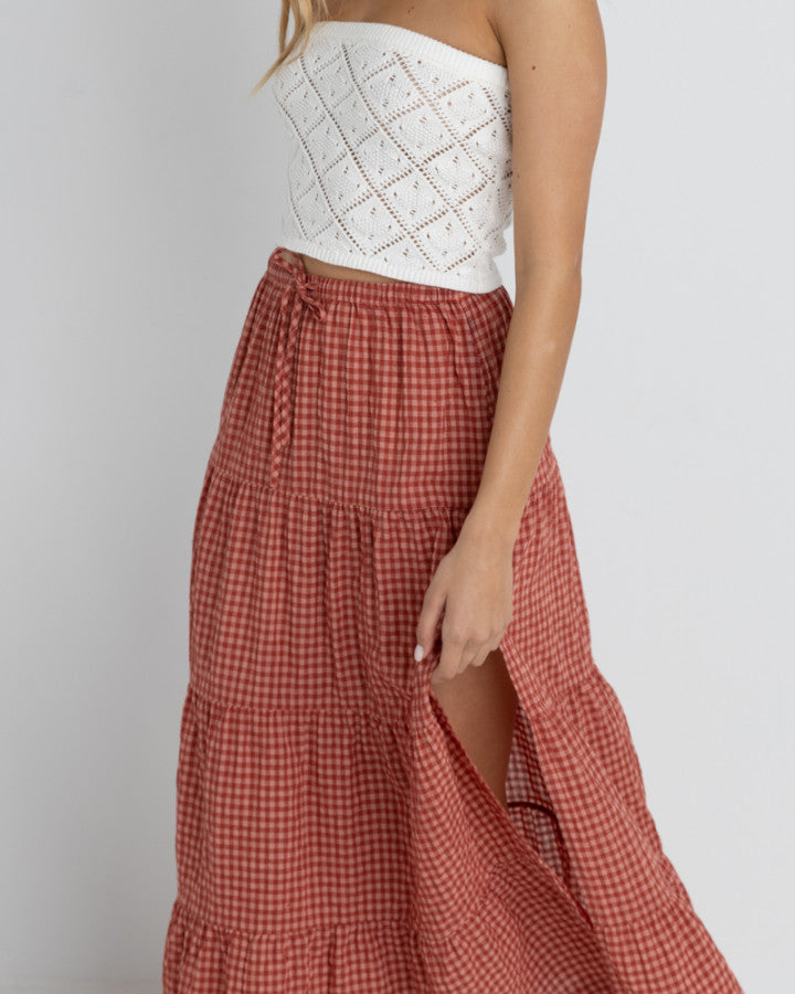 LOLA CHECK TIERED MAXI SKIRT RED