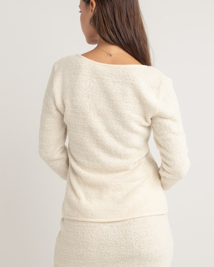 SOFIA BOUCLE LONG SLEEVE TIE FRONT TOP