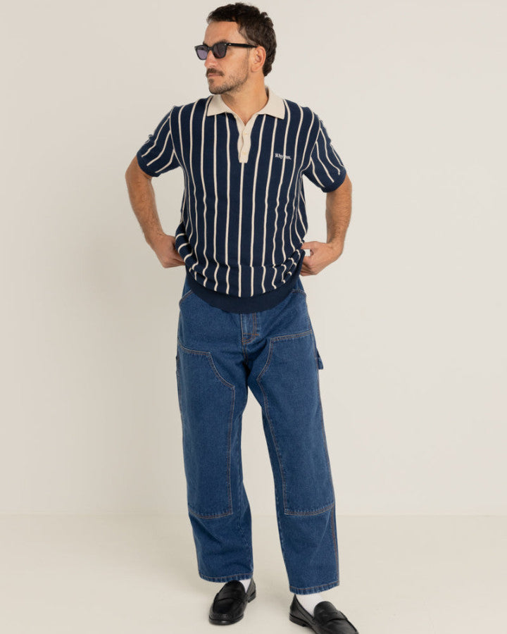 STRIPED KNIT SS POLO NAVY