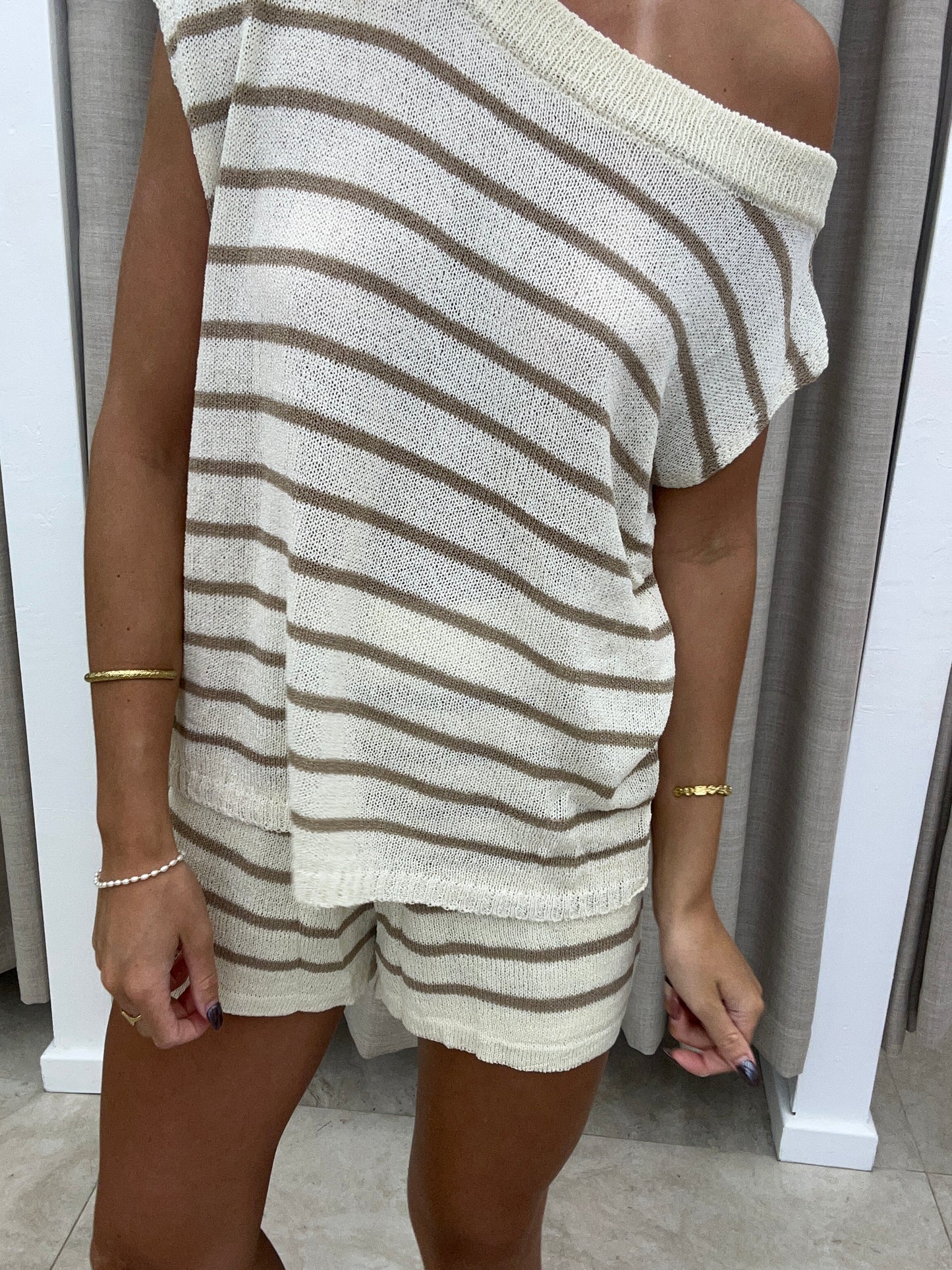 Beige Stripe Off Shoulder Knit Set - Top By Frankie