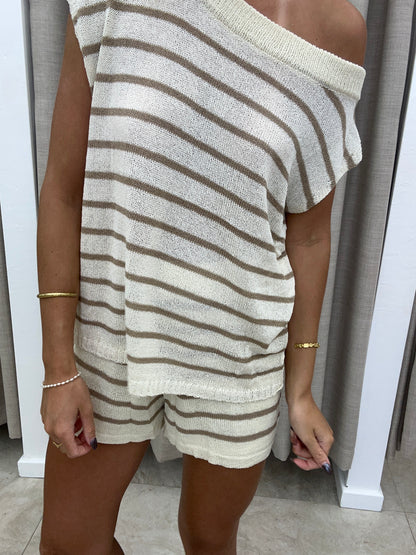 Beige Stripe Off Shoulder Knit Set - Top By Frankie