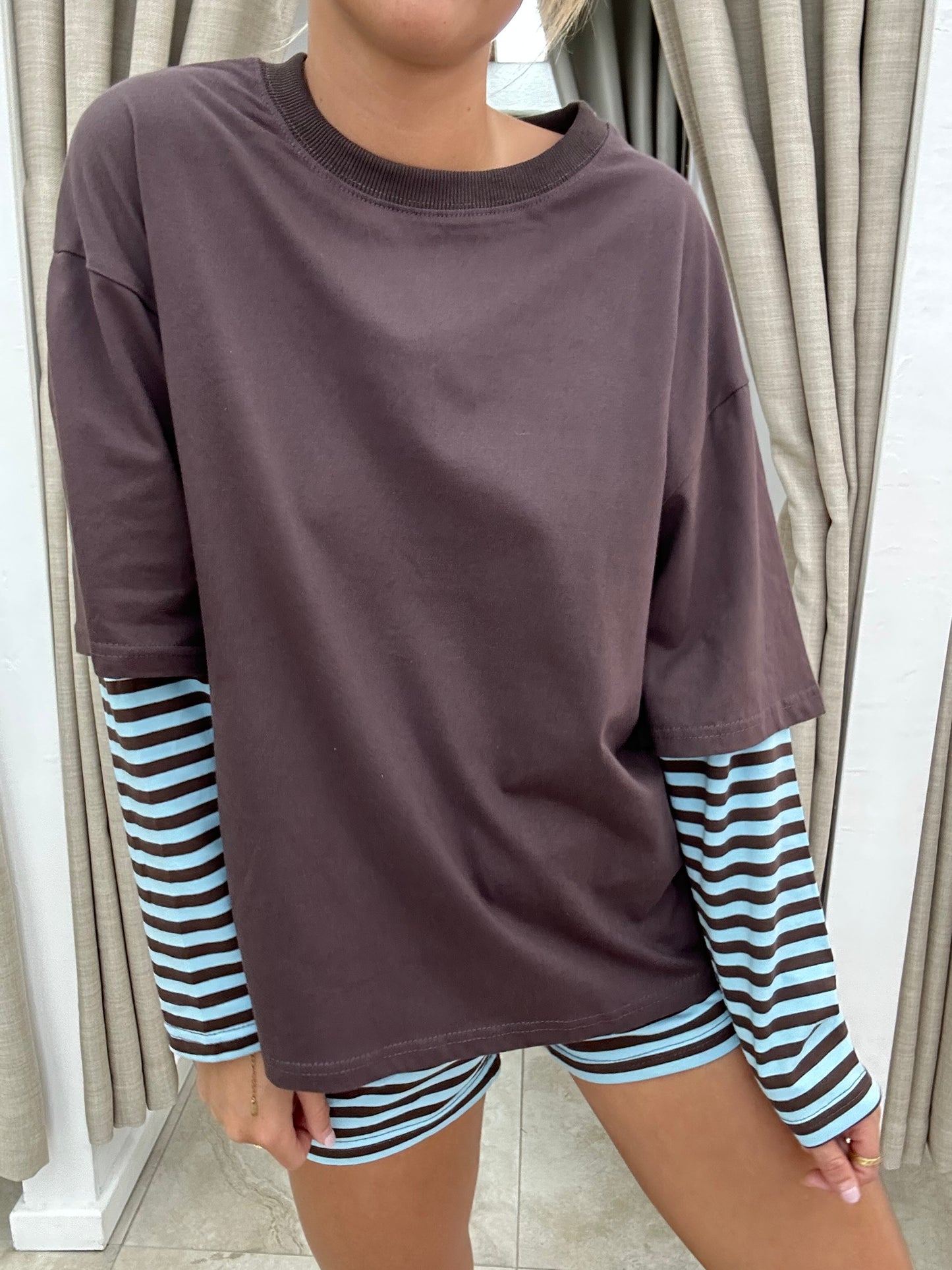 Choc/Blue Stripe Layered Shirt Set - Shirt By Frankie