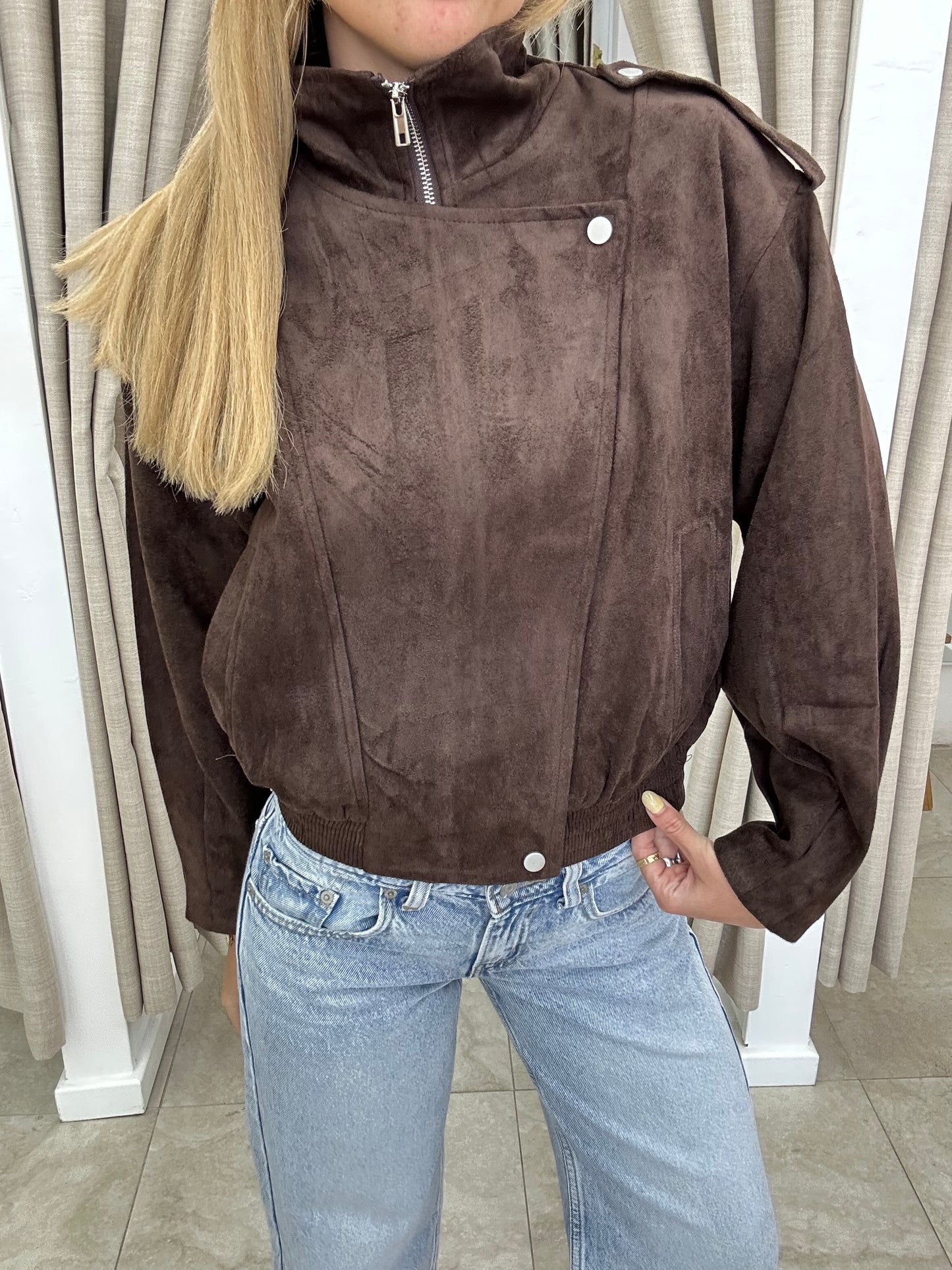 Choc Funnel Neck Flap Suede Bomber - By Frankie