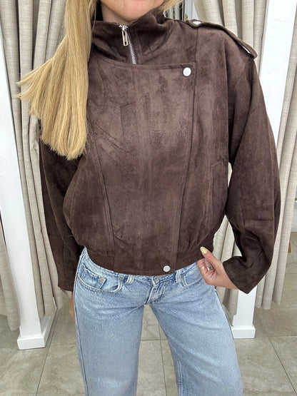 Choc Funnel Neck Flap Suede Bomber - By Frankie