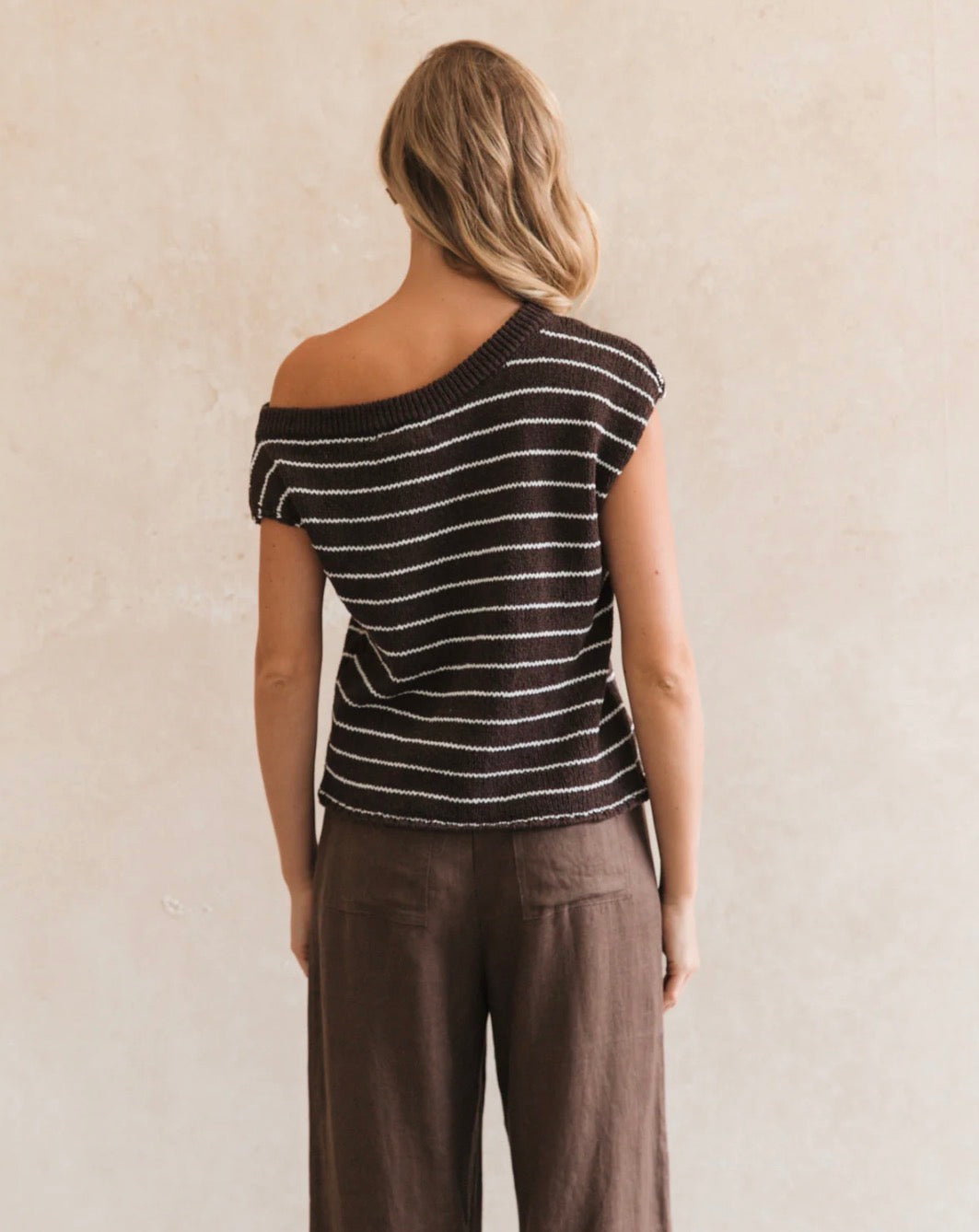 Choc Stripe One Shoulder Boucle Knit Top - White Closet
