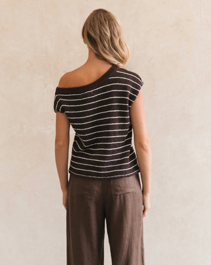 Choc Stripe One Shoulder Boucle Knit Top - White Closet