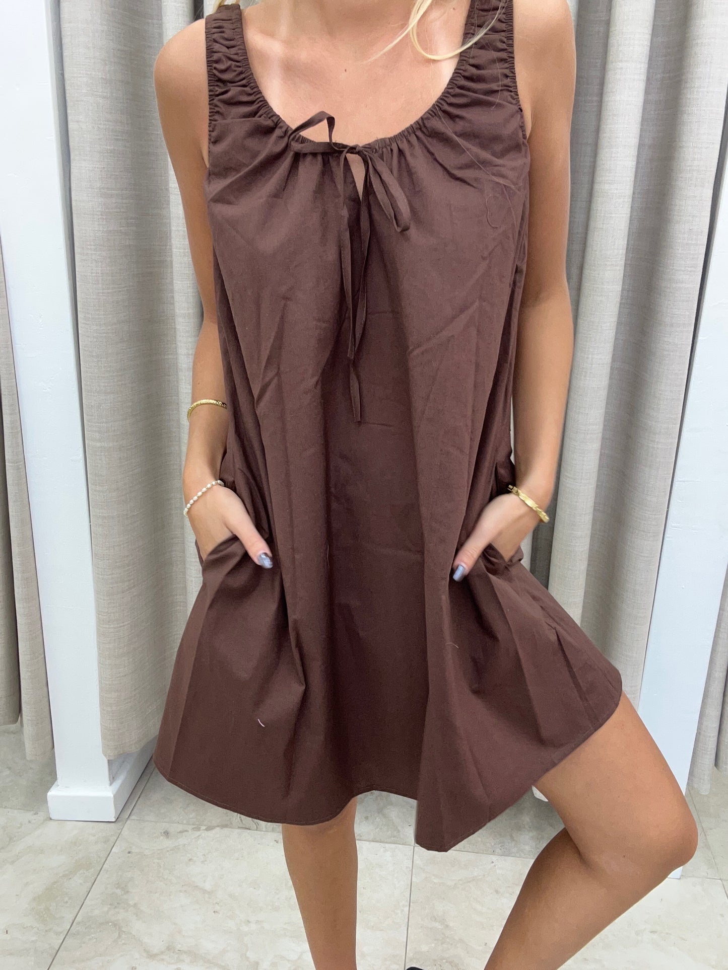 Chocolate Elastic Tie Mini Dress Cotton - By Frankie