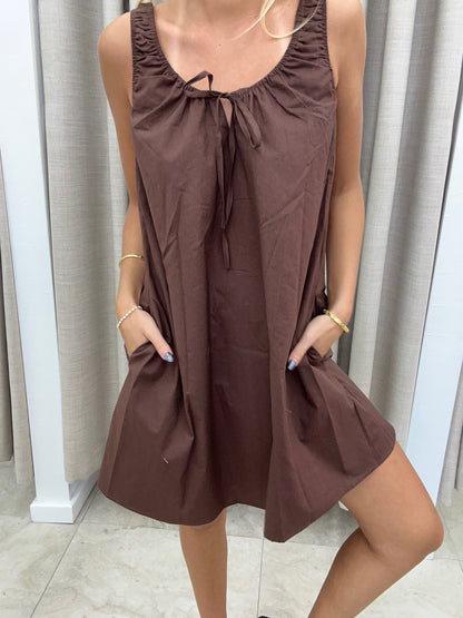 Chocolate Elastic Tie Mini Dress Cotton - By Frankie