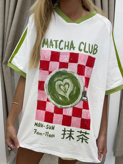 Matcha Club T-Shirt White/Green Cotton By Frankie