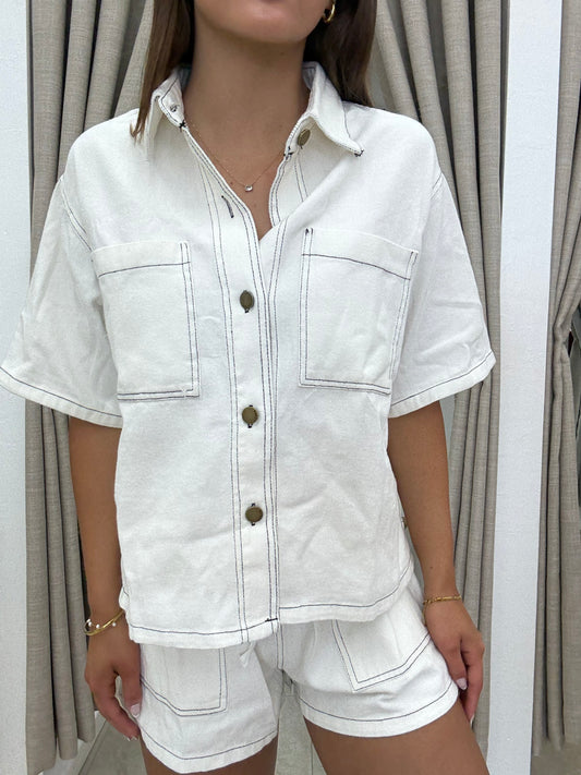 NEW WHITE DENIM SET WITH CONTRAST STICHES SHORTS