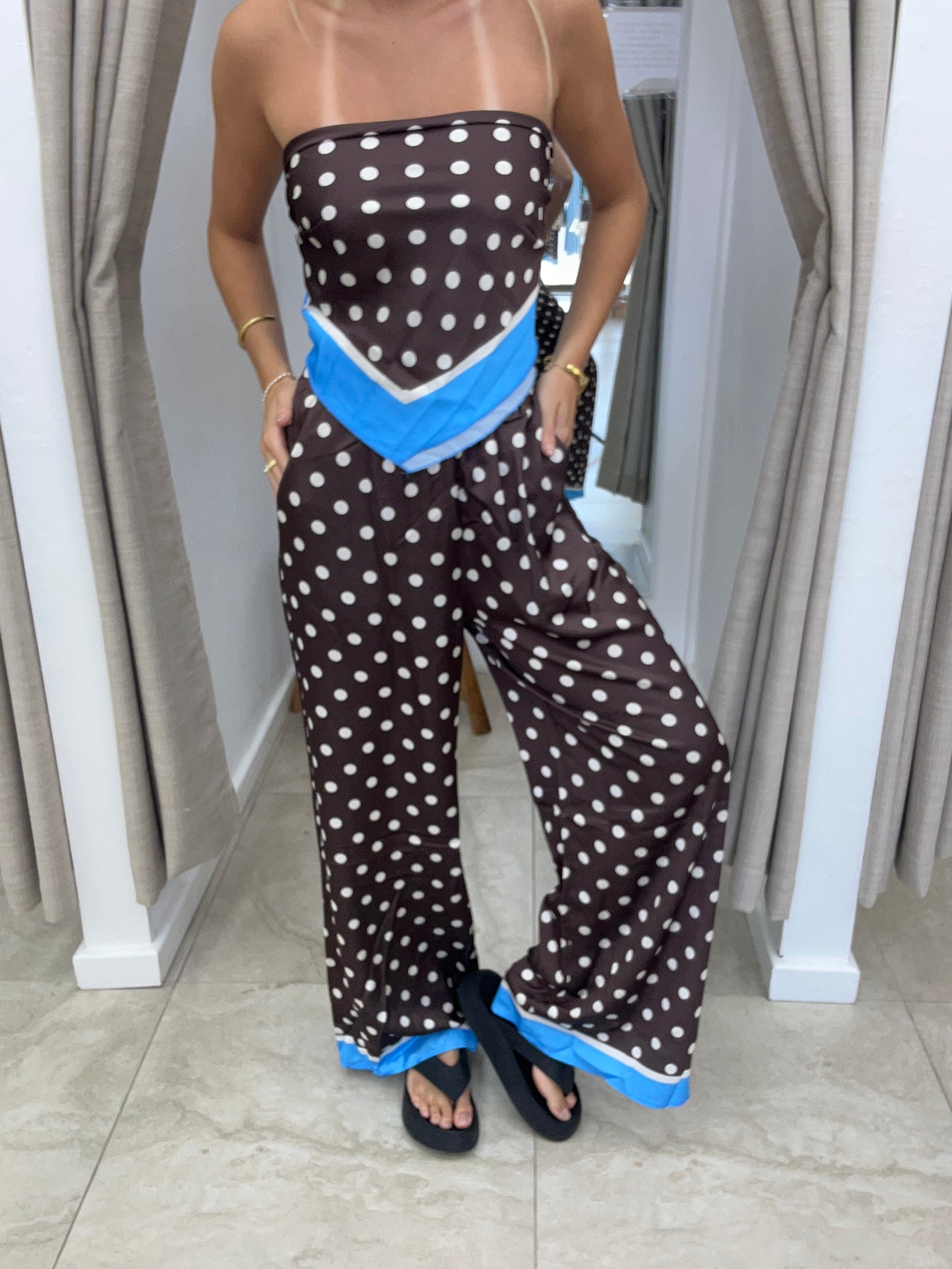 Choc/Blue Polka Satin Set - Pants By Frankie