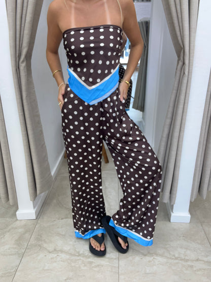 Choc/Blue Polka Satin Set - Pants By Frankie