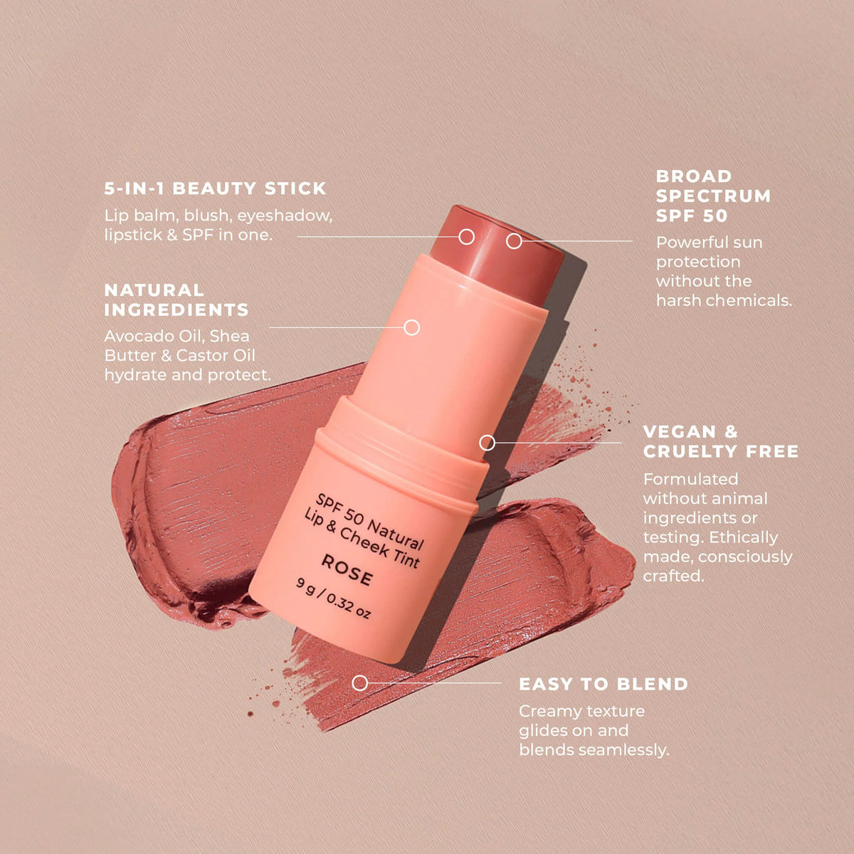 SPF 50 Natural Lip & Cheek Tint Rose - Avocado Zinc