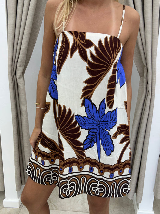 Choc/Blue Palm Mini Dress Cotton - By Frankie