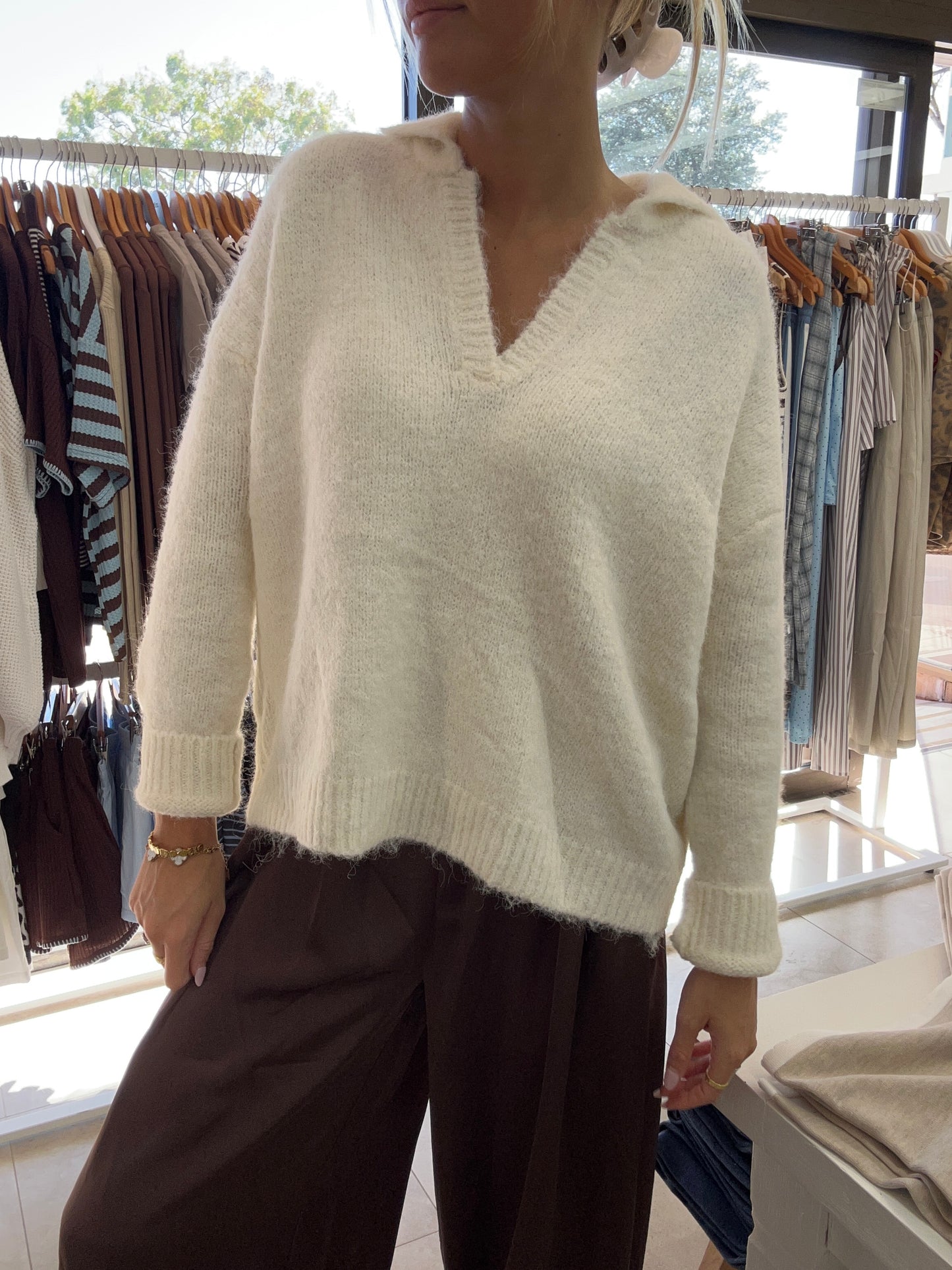 V-Neck Creme Knit Sweater