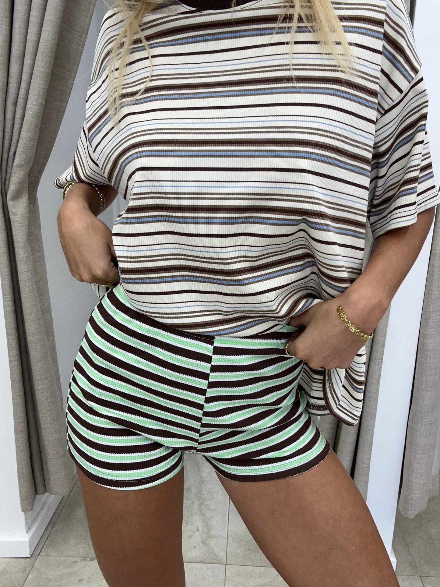 Choc/Green Stripe Mini Shorts - By Frankie Cotton