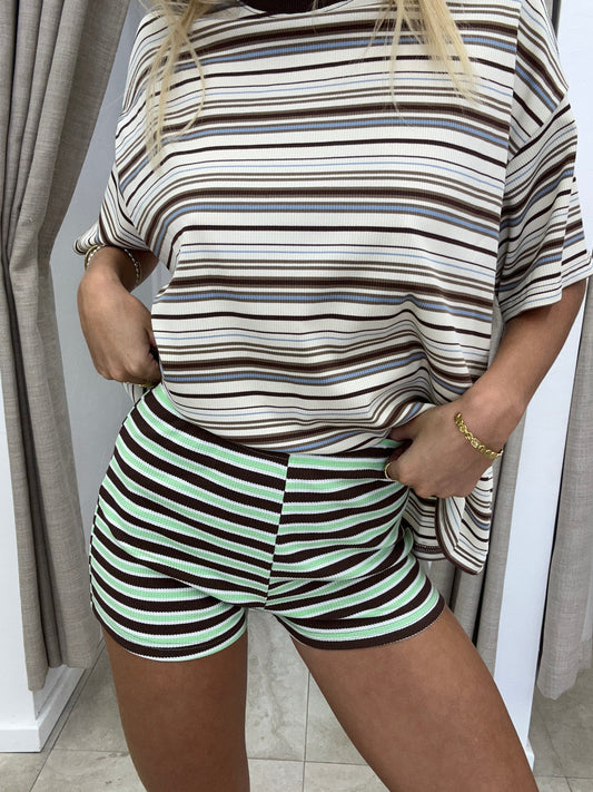 Choc/Green Stripe Mini Shorts - By Frankie Cotton