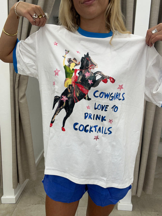 White/Blue Cowgirls & Cocktails Tee - Cotton By Frankie