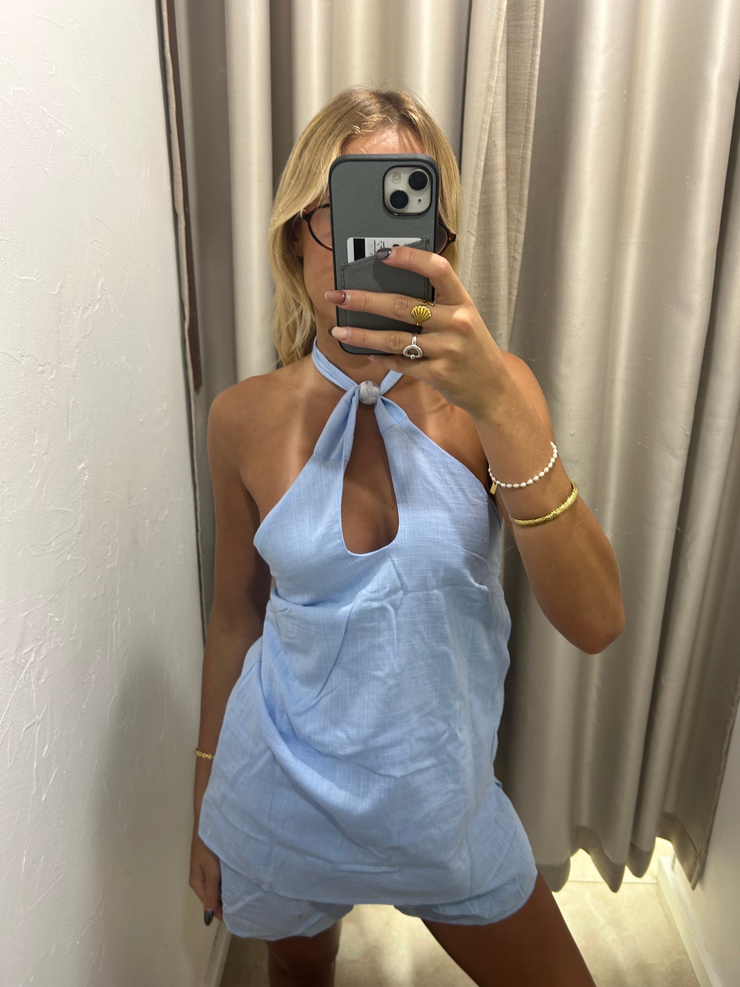 Blue Beaded Cotton Set - Halter Top By Frankie