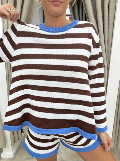 Choc/Blue Trim Stripe Knit Set - Shirt By Frankie