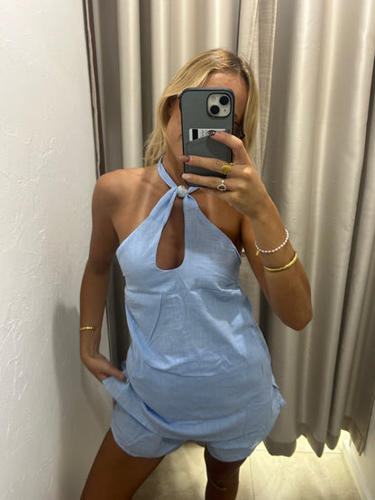 Blue Beaded Cotton Set - Halter Top By Frankie