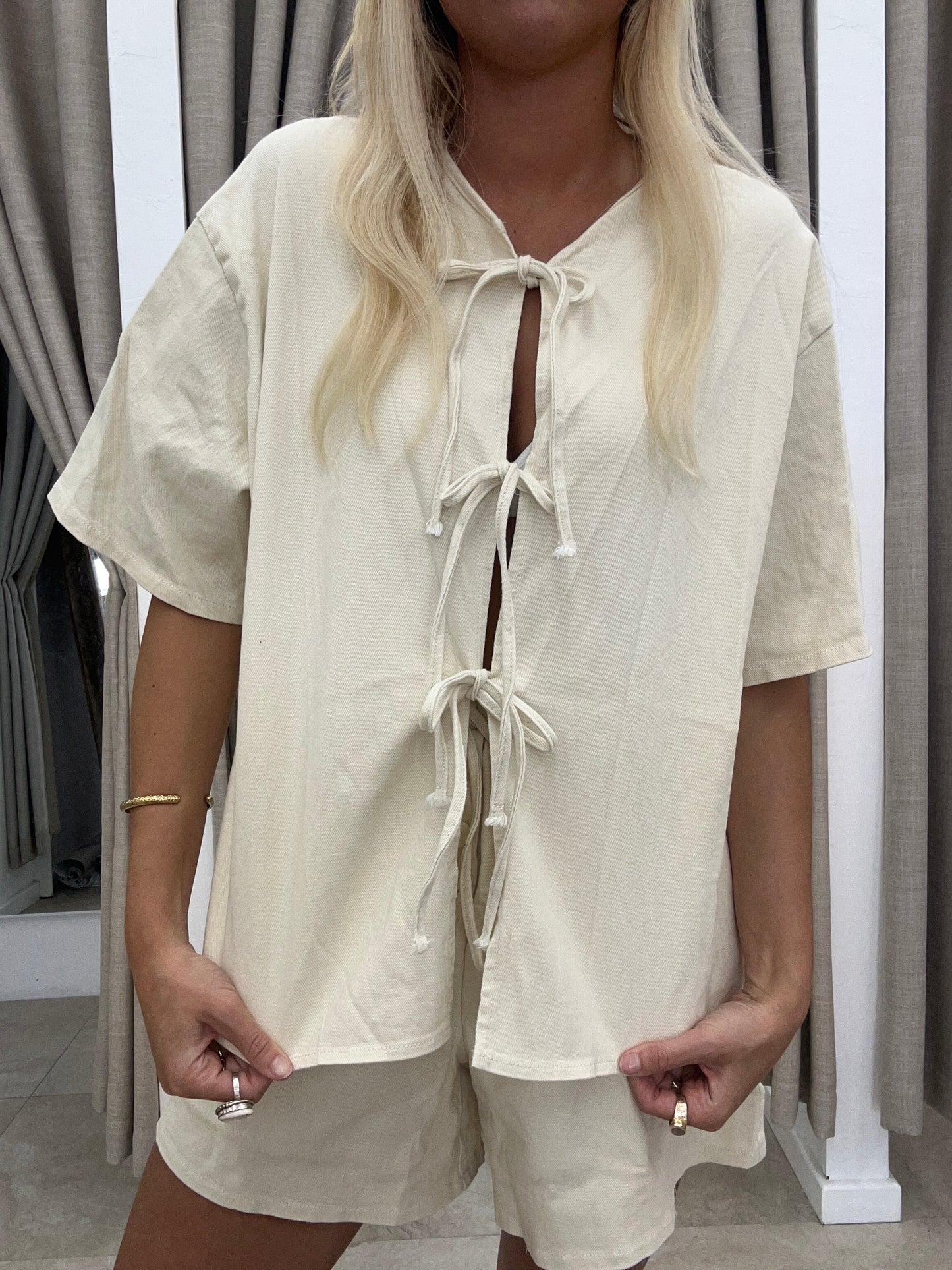 Creme Tie Denim Set - Top