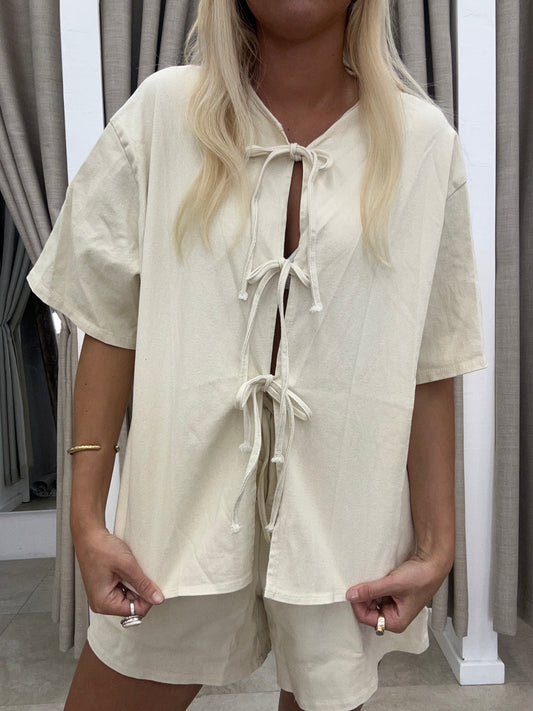 Creme Tie Denim Set - Top