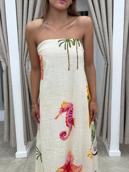 Mermaid Island Print Strapless Long Dress - By Frankie