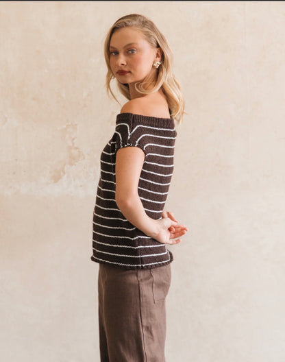 Choc Stripe One Shoulder Boucle Knit Top - White Closet