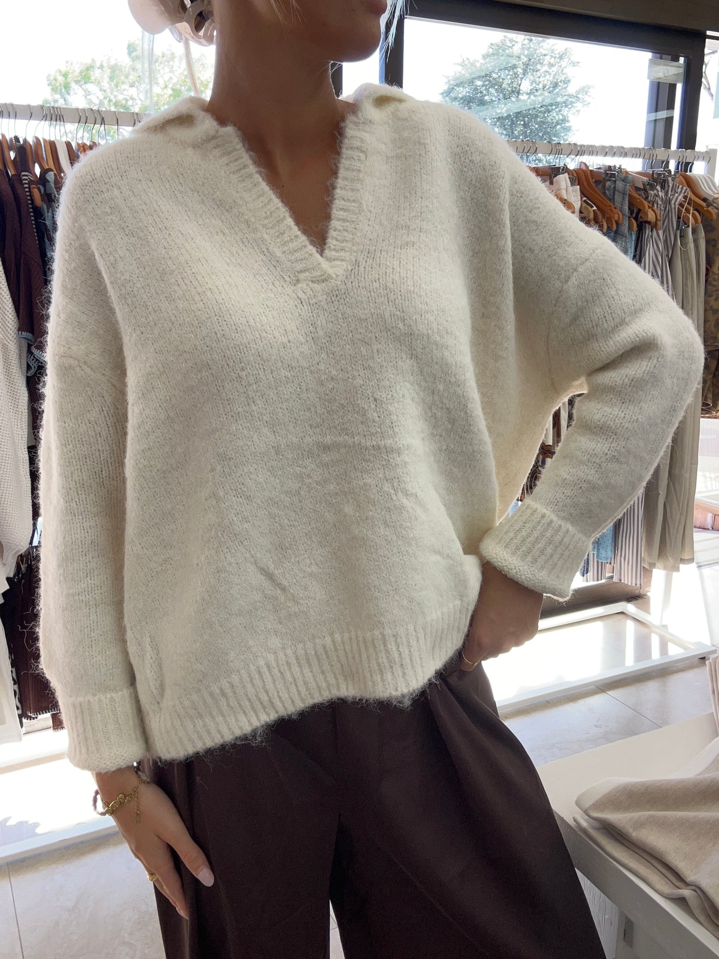 V-Neck Creme Knit Sweater