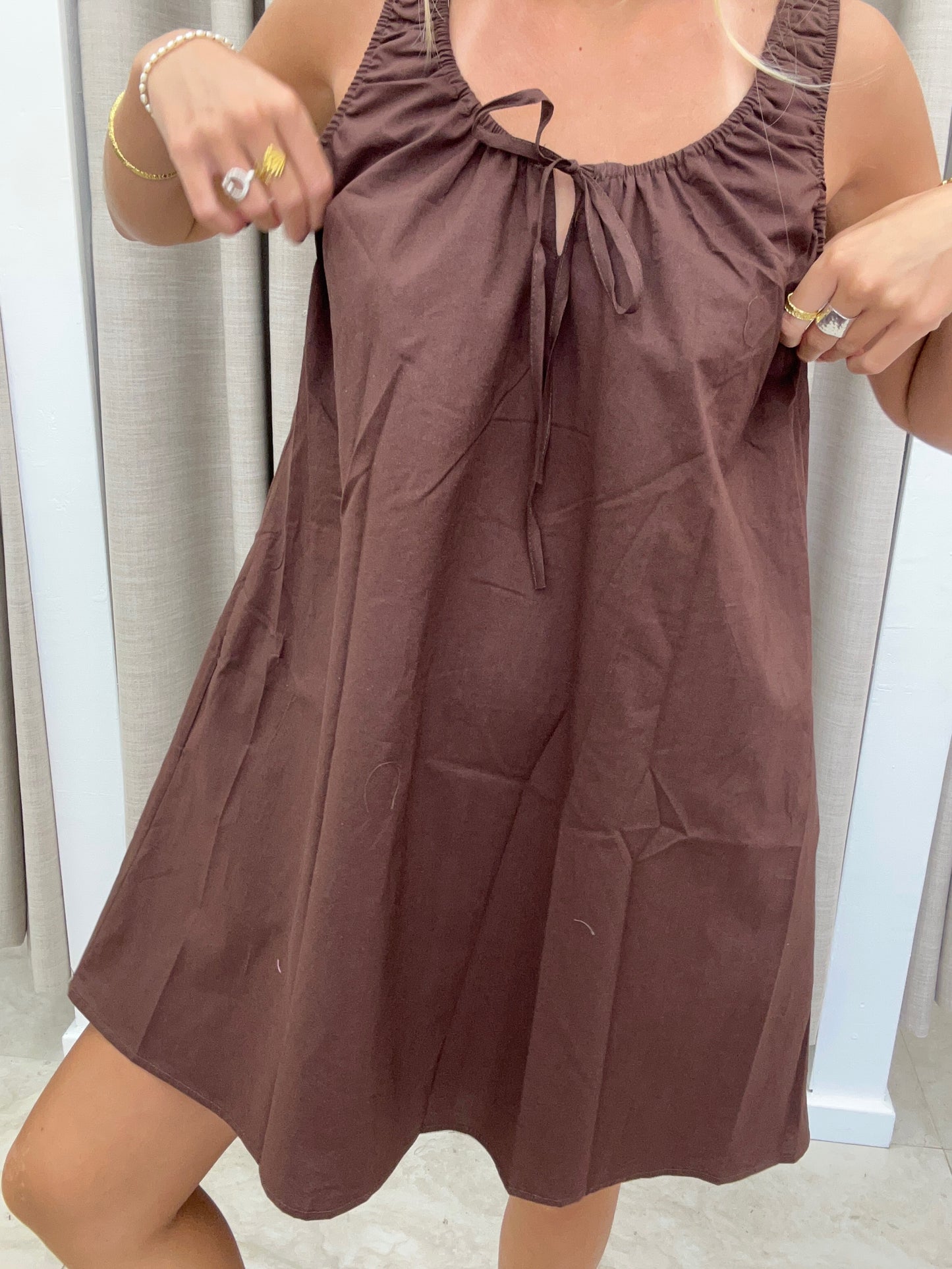 Chocolate Elastic Tie Mini Dress Cotton - By Frankie