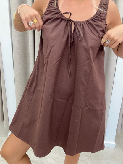 Chocolate Elastic Tie Mini Dress Cotton - By Frankie