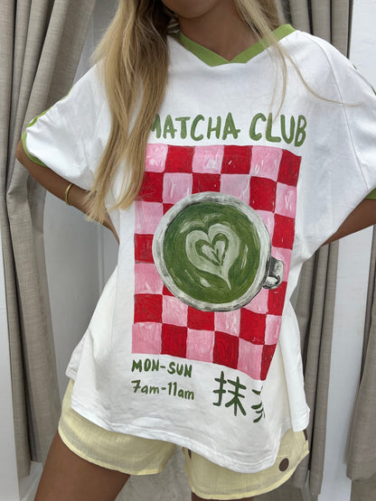 Matcha Club T-Shirt White/Green Cotton By Frankie
