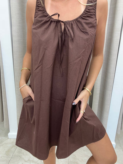 Chocolate Elastic Tie Mini Dress Cotton - By Frankie