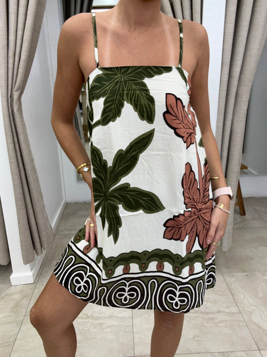 Green/Beige Palm Mini Dress - By Frankie Cotton