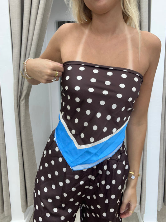 Choc/Blue Polka Satin Set - Scarf By Frankie