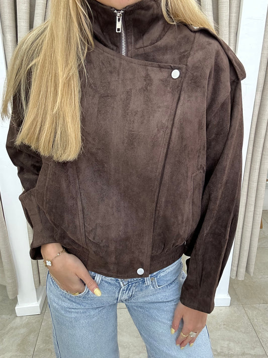 Choc Funnel Neck Flap Suede Bomber - By Frankie