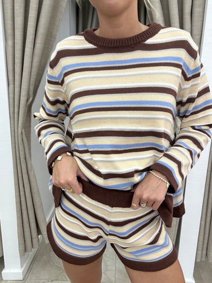 Beige/Choc Stripe Knit Set - Shorts By Frankie