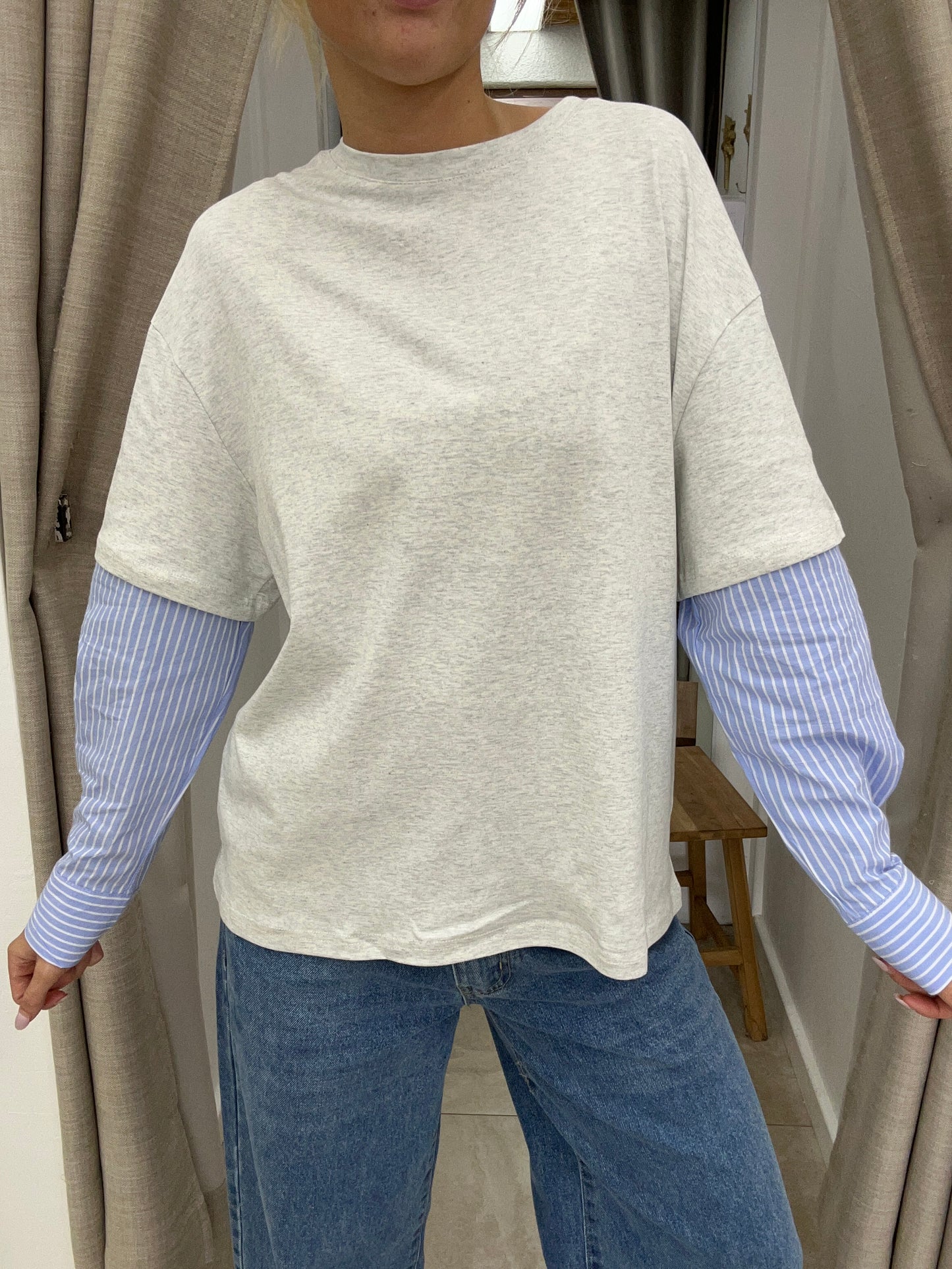 Oversize Shirt ft Sleeve Grey Marle/Blue Stripe - By Frankie
