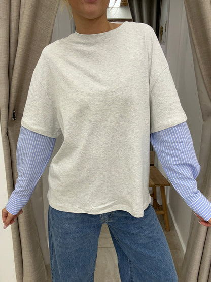 Oversize Shirt ft Sleeve Grey Marle/Blue Stripe - By Frankie