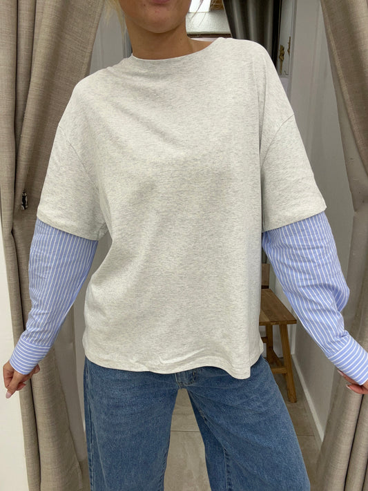 Oversize Shirt ft Sleeve Grey Marle/Blue Stripe - By Frankie