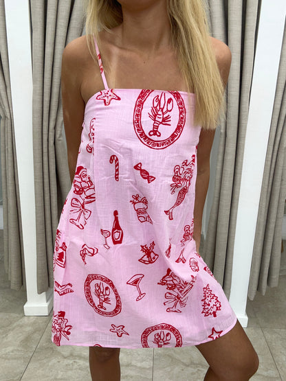 Pink Santa Print Mini Dress Cotton - By Frankie