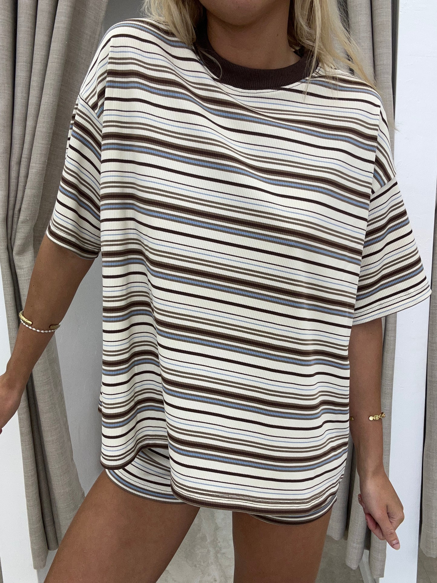 Beige/Choc Stripe Set - Shirt Cotton By Frankie