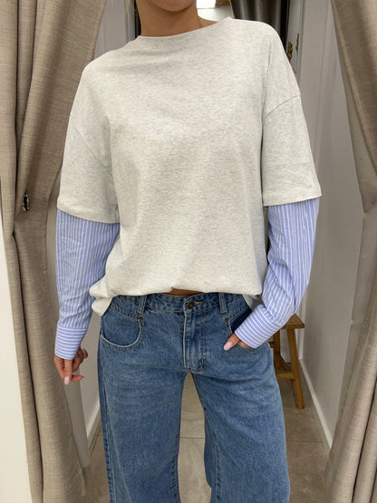 Oversize Shirt ft Sleeve Grey Marle/Blue Stripe - By Frankie