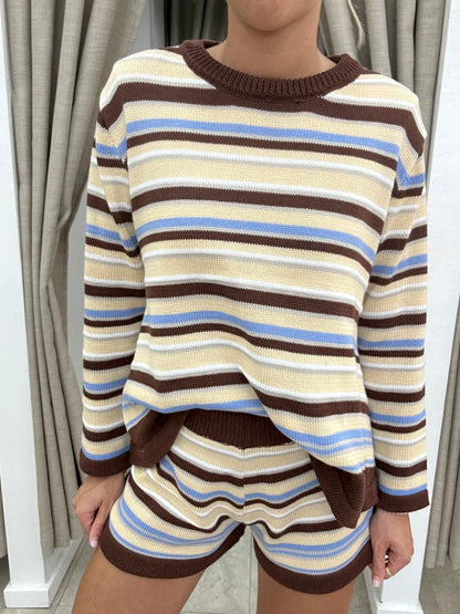 Beige/Choc Stripe Knit Set - Shirt By Frankie