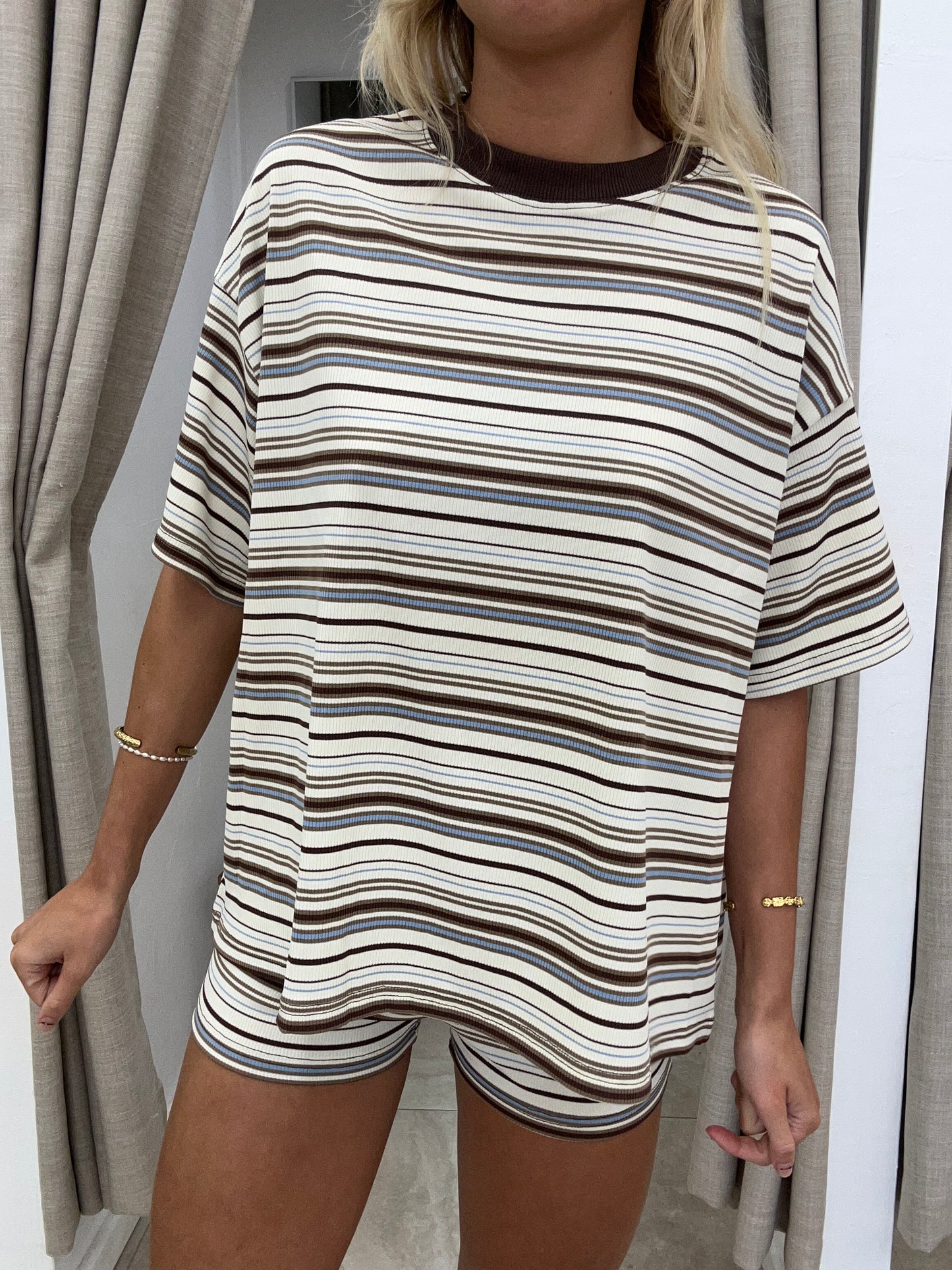 Beige/Choc Stripe Set - Shirt Cotton By Frankie